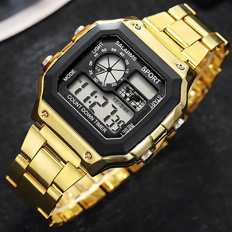 Relógio digital masculino clássico MAYZHISU, pulseira de aço inoxidável de luxo.