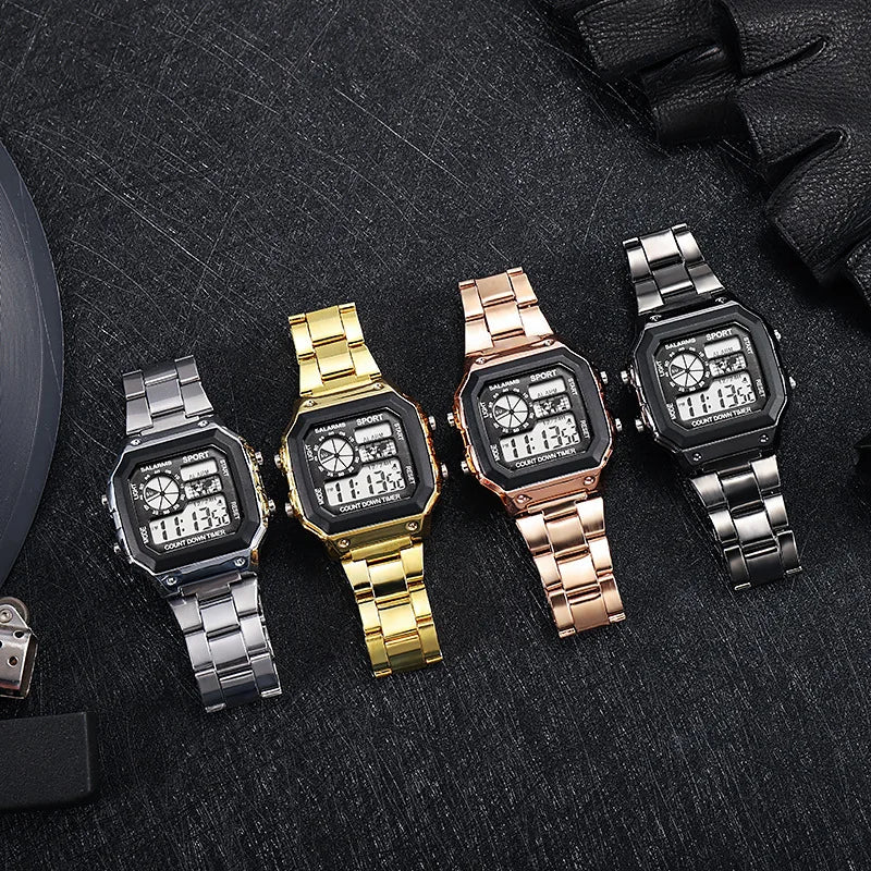 Relógio digital masculino clássico MAYZHISU, pulseira de aço inoxidável de luxo.