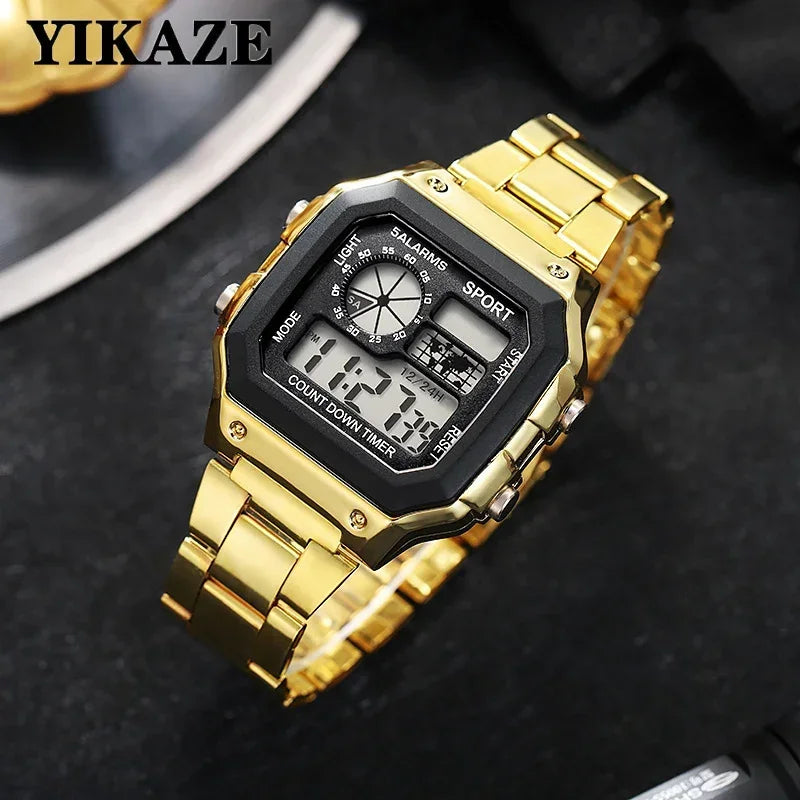 Relógio digital masculino clássico MAYZHISU, pulseira de aço inoxidável de luxo.