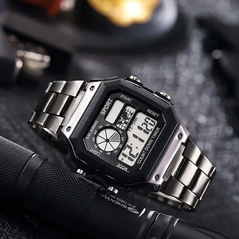 Relógio digital masculino clássico MAYZHISU, pulseira de aço inoxidável de luxo.