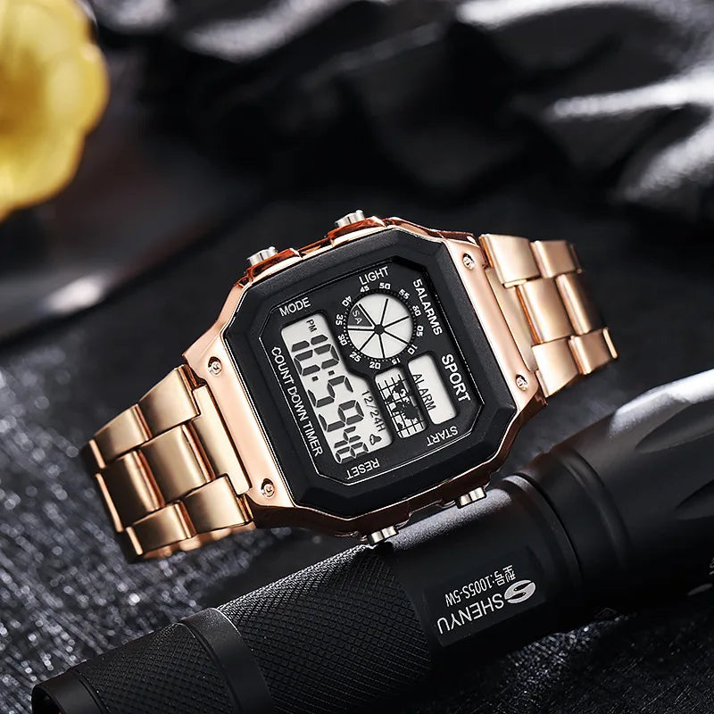 Relógio digital masculino clássico MAYZHISU, pulseira de aço inoxidável de luxo.