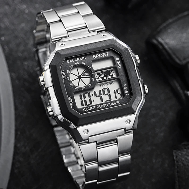 Relógio digital masculino clássico MAYZHISU, pulseira de aço inoxidável de luxo.