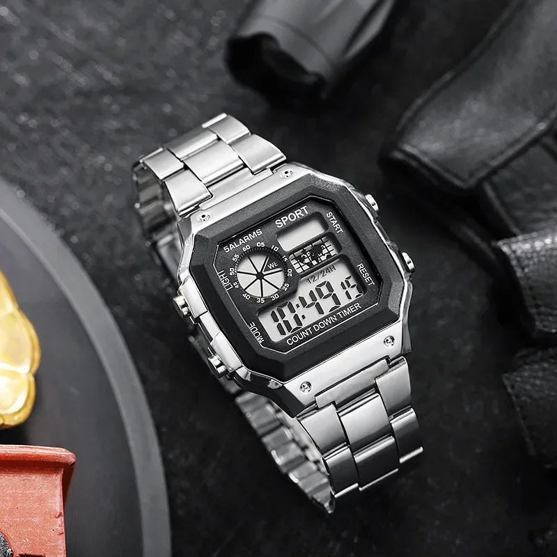 Relógio digital masculino clássico MAYZHISU, pulseira de aço inoxidável de luxo.